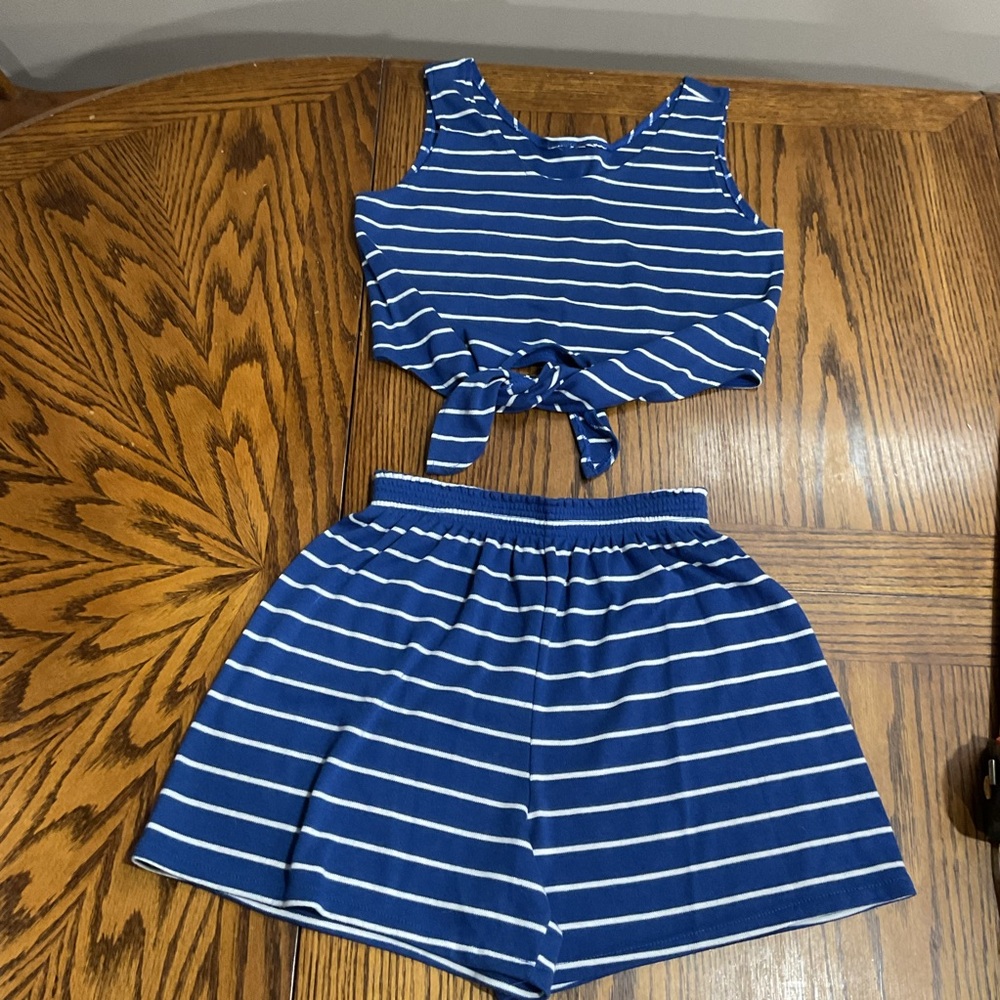 Blue and White Striped Cropped Tie Tank Top and Shorts Set